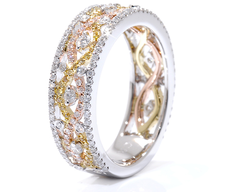 Yellow and White Diamond band with tri-colored gold