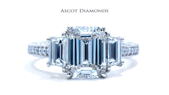 This emerald cut diamond engagement ring is from the Catherine Ryder Art Deco collection 