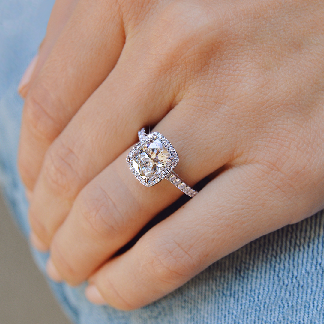 custom cushion cut diamond halo engagement ring by Ascot Diamonds