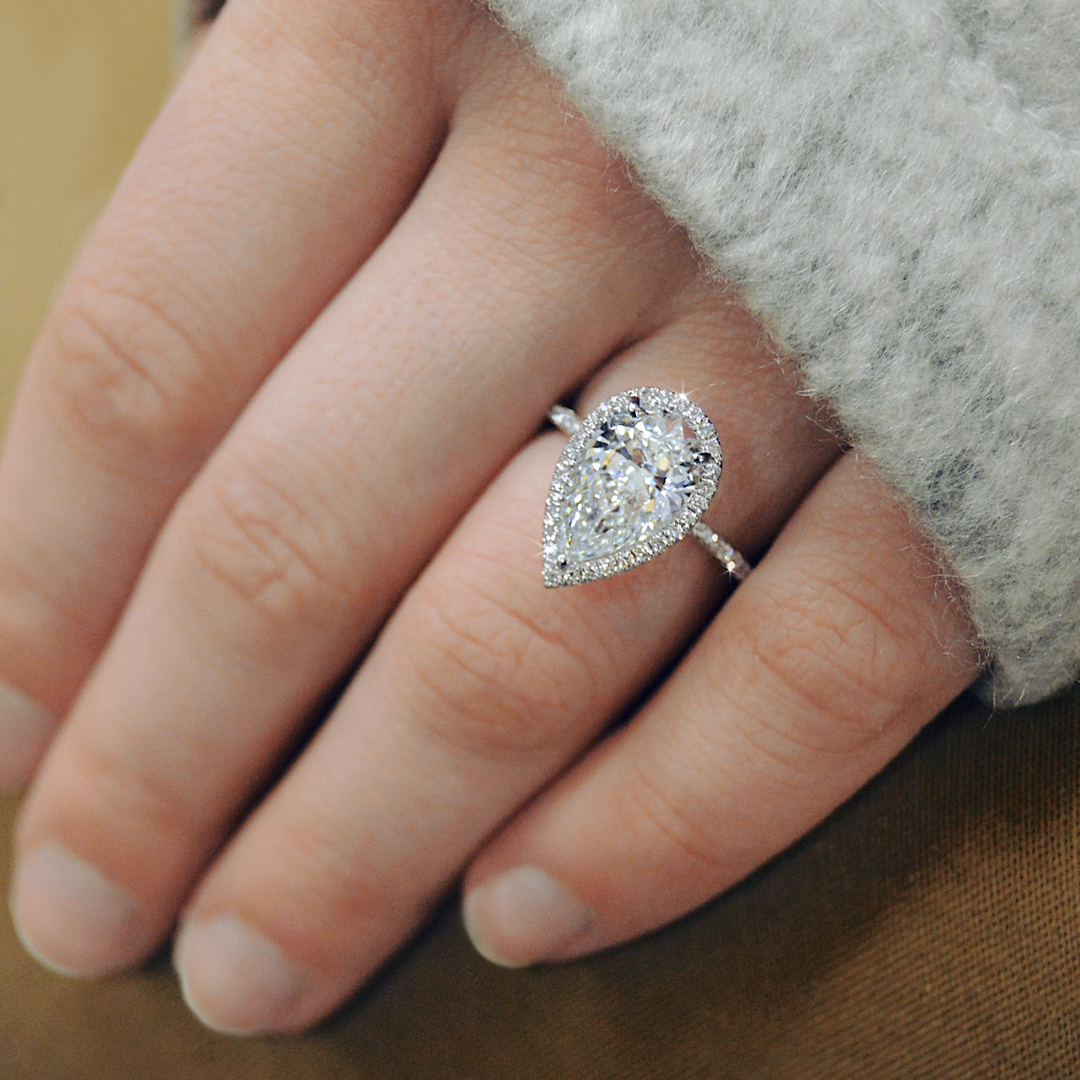 unique pear shaped diamond halo engagement ring by Ascot Diamonds
