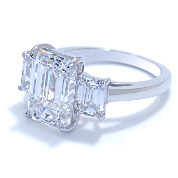 platinum three stone emerald cut diamond engagement ring by Ascot Diamonds