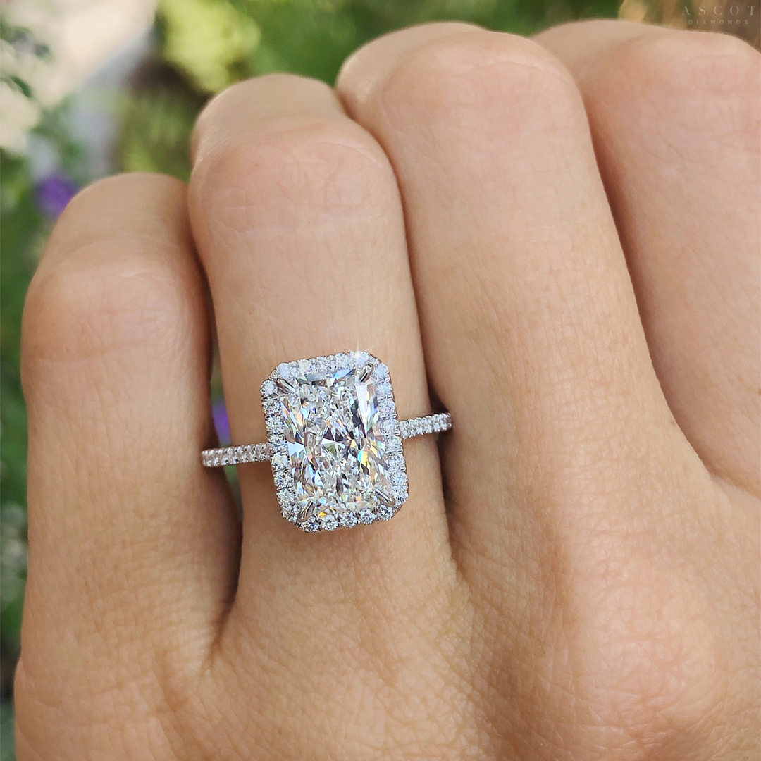 elongated-radiant-cut-diamond-set-on-a-thin-halo-style-engagement-ring---custom-design-by-Ascot-Diamonds-Atlanta